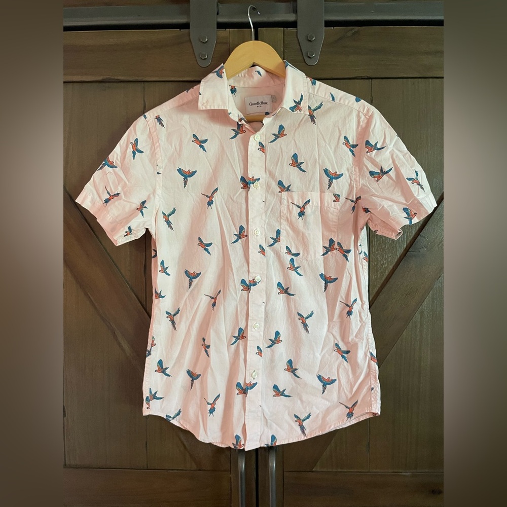 Goodfellow & Co Men's Light Pink Bird Hawaiian Print Shirt